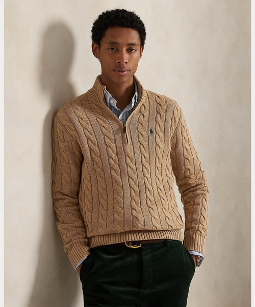 極美品 Lauren Ralph Lauren ジップアップケーブル ニット ケーブルニット コットン クォータージップ セーター