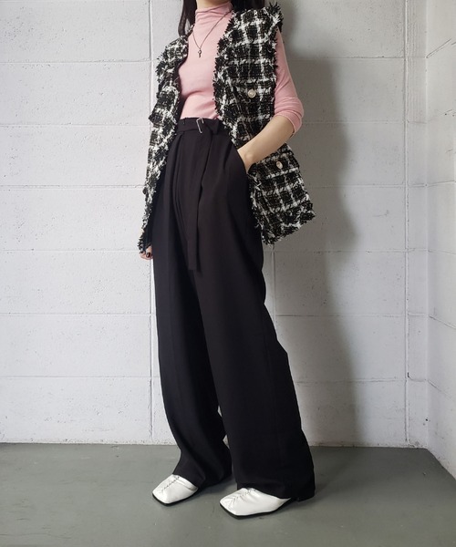 me+em select（ミームセレクト）の「★レイヤードプリーツタックワイドスラックス【ストラップベルトSET】（スラックス・レディース・グレー/ブラック/ブラウン/ベージュ/チャコールグレー・FREE）」の14枚目の写真