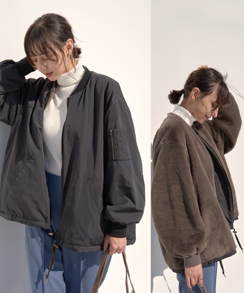 earth music&ecology（アースミュージックアンドエコロジー）の「リバーシブルMA-1*（MA-1・レディース・ブラック/ベージュ/カーキ・M/L）」の2枚目の写真