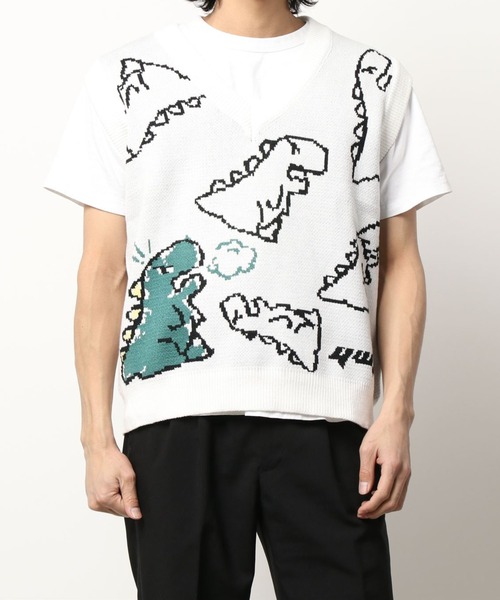 HOOK(フック)の「【HOOK】落書き恐竜イラストvネックベスト(ベスト・メンズ・ホワイト/ブラック/グリーン・XL/M/L)」の1枚目の写真