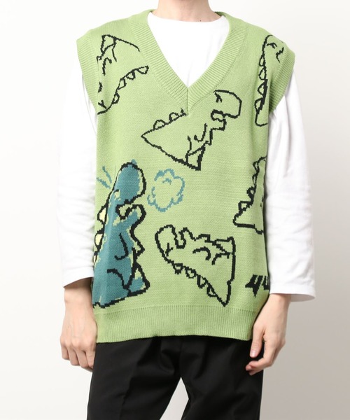 HOOK(フック)の「【HOOK】落書き恐竜イラストvネックベスト(ベスト・メンズ・ホワイト/ブラック/グリーン・XL/M/L)」の3枚目の写真