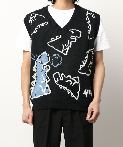 HOOK(フック)の「【HOOK】落書き恐竜イラストvネックベスト(ベスト・メンズ・ホワイト/ブラック/グリーン・XL/M/L)」の2枚目の写真