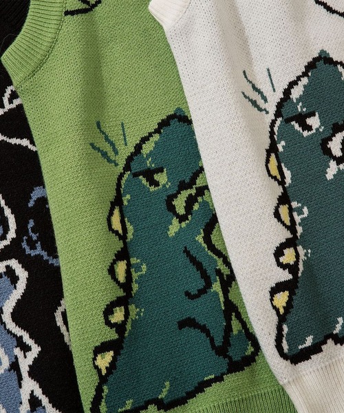 HOOK(フック)の「【HOOK】落書き恐竜イラストvネックベスト(ベスト・メンズ・ホワイト/ブラック/グリーン・XL/M/L)」の17枚目の写真