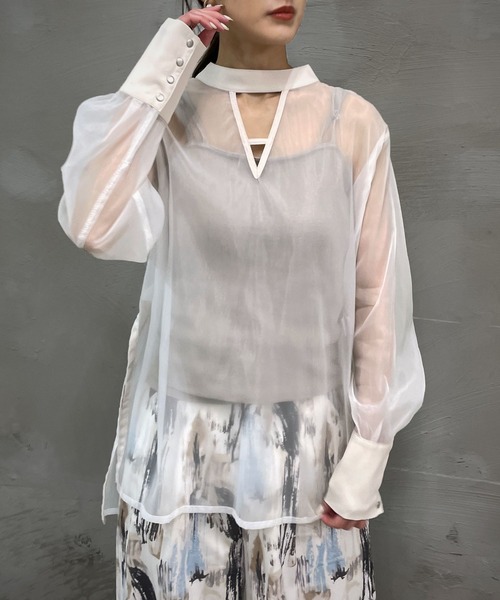 &g'aime（アンジェム）の「【＆g'aime】マットシアーブラウス（シャツ/ブラウス・レディース・ホワイト/ブラック/グレー・FREE）」の4枚目の写真