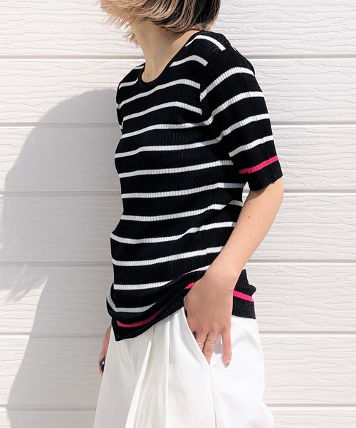 Q（キュー）の「ボーダーリブニット（ニット/セーター・レディース・ホワイト系その他/ブラック系その他・MEDIUM）」の2枚目の写真