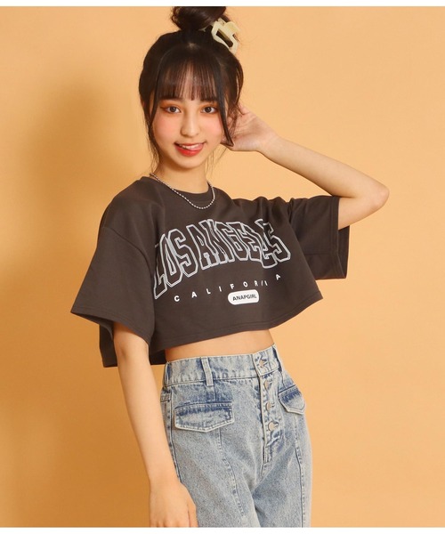 ANAP GｉRL（アナップガール）の「ショート裏毛カレッジトップスカットソー（Tシャツ/カットソー・キッズ・ライトブルー/グレー/スミクロ・S/M）」の9枚目の写真
