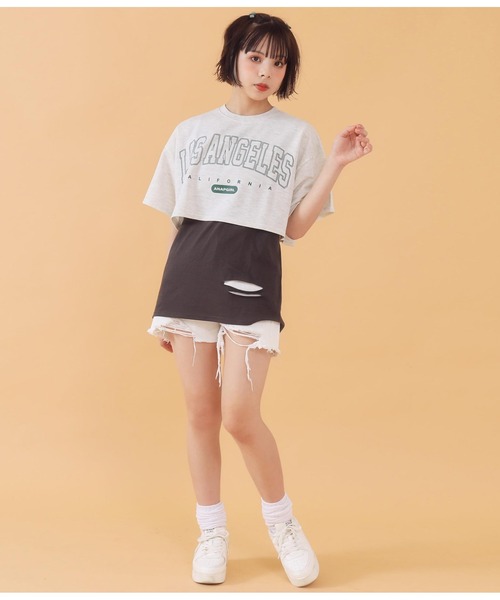 ANAP GｉRL（アナップガール）の「ショート裏毛カレッジトップスカットソー（Tシャツ/カットソー・キッズ・ライトブルー/グレー/スミクロ・S/M）」の4枚目の写真