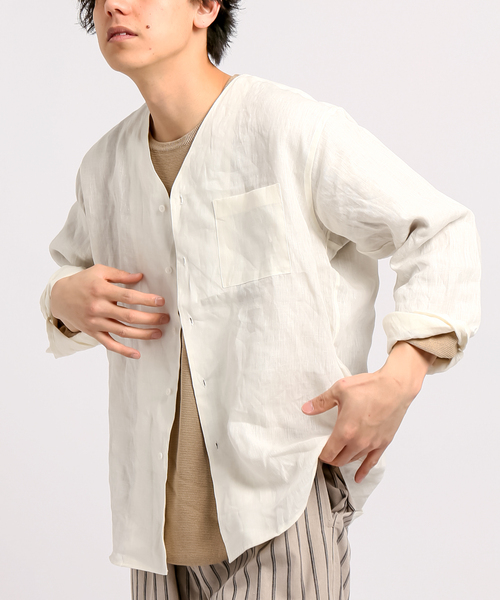 B.C STOCK(ベーセーストック)の「FLANDERSLINEN シャツカーディガン(シャツ/ブラウス・メンズ・ホワイト/ブラック/カーキ・MEDIUM/LARGE)」の2枚目の写真
