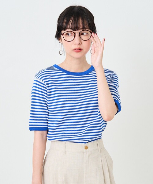 FREAK'S STORE（フリークスストア）の「ハニカムボーダー5分袖Tシャツ（Tシャツ/カットソー・レディース・ブラック/レッド/ブルー/グリーン・ﾌﾘ-）」の4枚目の写真