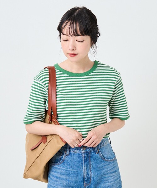 FREAK'S STORE（フリークスストア）の「ハニカムボーダー5分袖Tシャツ（Tシャツ/カットソー・レディース・ブラック/レッド/ブルー/グリーン・ﾌﾘ-）」の3枚目の写真