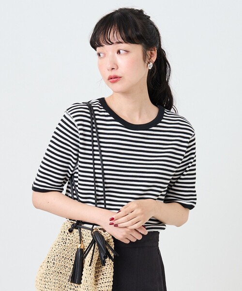 FREAK'S STORE（フリークスストア）の「ハニカムボーダー5分袖Tシャツ（Tシャツ/カットソー・レディース・ブラック/レッド/ブルー/グリーン・ﾌﾘ-）」の2枚目の写真