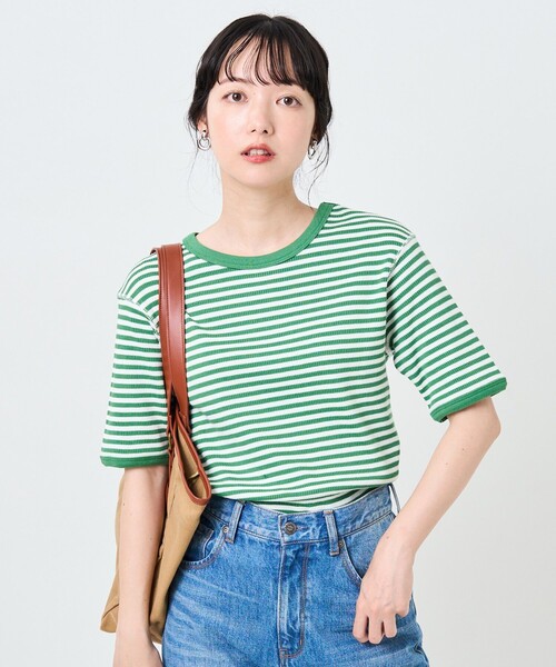 FREAK'S STORE（フリークスストア）の「ハニカムボーダー5分袖Tシャツ（Tシャツ/カットソー・レディース・ブラック/レッド/ブルー/グリーン・ﾌﾘ-）」の5枚目の写真