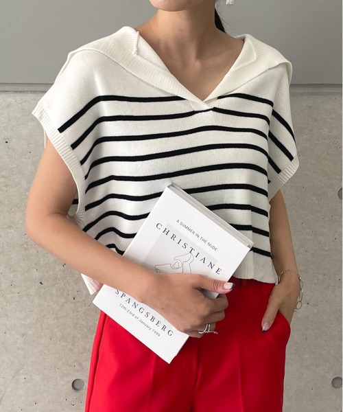 StyleSea(スタイルシー)の「ボーダービッグカラーニットベスト(ベスト・レディース・ブラック/オフホワイト・FREE)」の2枚目の写真