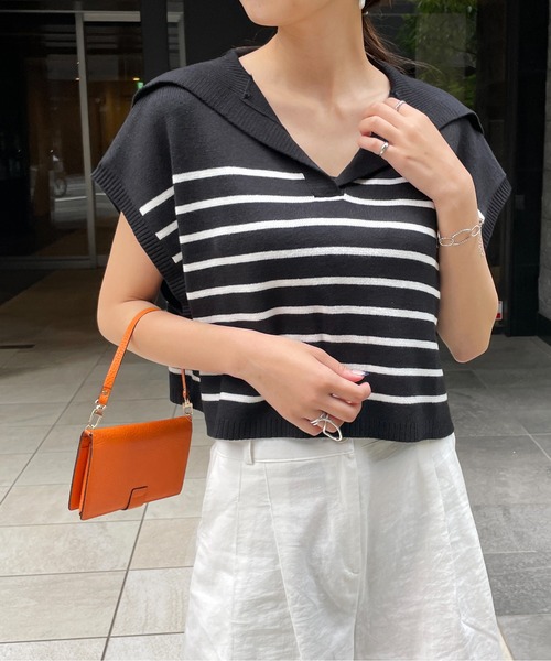 StyleSea(スタイルシー)の「ボーダービッグカラーニットベスト(ベスト・レディース・ブラック/オフホワイト・FREE)」の14枚目の写真