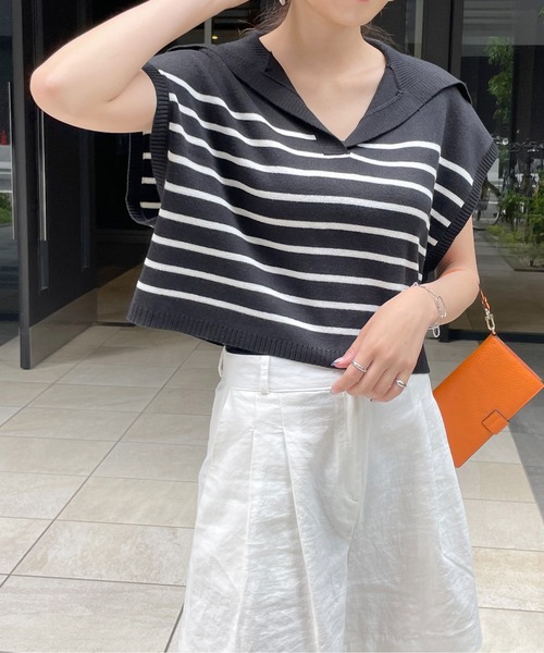 StyleSea(スタイルシー)の「ボーダービッグカラーニットベスト(ベスト・レディース・ブラック/オフホワイト・FREE)」の15枚目の写真