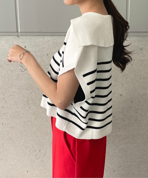 StyleSea(スタイルシー)の「ボーダービッグカラーニットベスト(ベスト・レディース・ブラック/オフホワイト・FREE)」の6枚目の写真