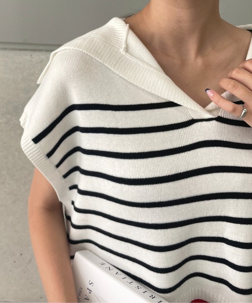 StyleSea(スタイルシー)の「ボーダービッグカラーニットベスト(ベスト・レディース・ブラック/オフホワイト・FREE)」の8枚目の写真