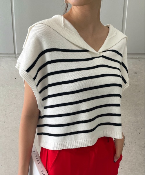 StyleSea(スタイルシー)の「ボーダービッグカラーニットベスト(ベスト・レディース・ブラック/オフホワイト・FREE)」の4枚目の写真