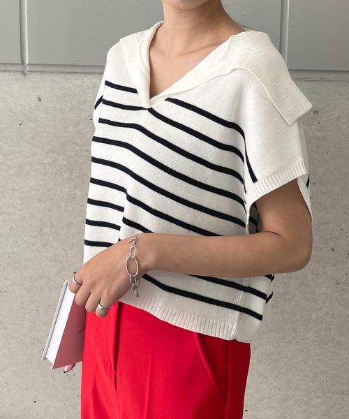 StyleSea(スタイルシー)の「ボーダービッグカラーニットベスト(ベスト・レディース・ブラック/オフホワイト・FREE)」の5枚目の写真