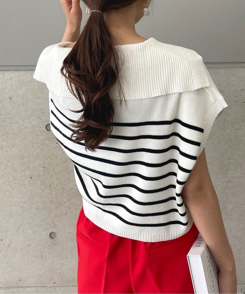 StyleSea(スタイルシー)の「ボーダービッグカラーニットベスト(ベスト・レディース・ブラック/オフホワイト・FREE)」の7枚目の写真