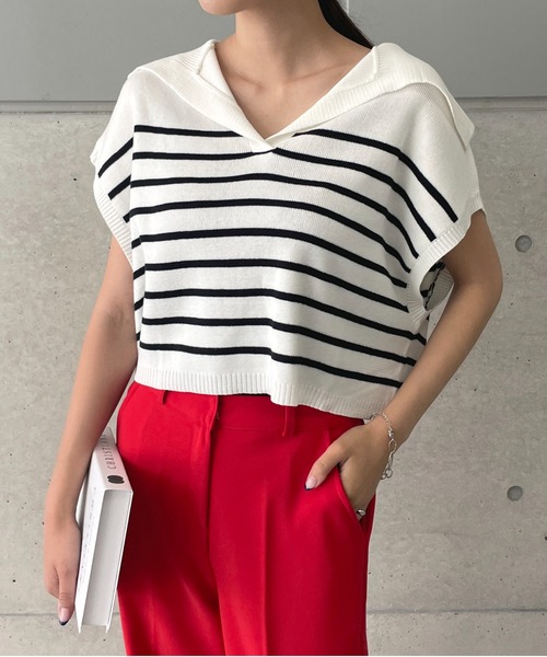 StyleSea(スタイルシー)の「ボーダービッグカラーニットベスト(ベスト・レディース・ブラック/オフホワイト・FREE)」の3枚目の写真