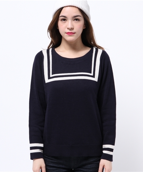 DISCOAT（ディスコート）の「【Discoat】セーラーJQDプルオーバー（ニット/セーター・レディース・オフホワイト/ネイビー・ﾌﾘ-）」の7枚目の写真