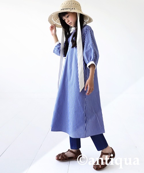 antiqua（アンティカ）の「ストライプ柄Aラインワンピース（ワンピース・キッズ・ブルー・130/140/150/160）」の2枚目の写真
