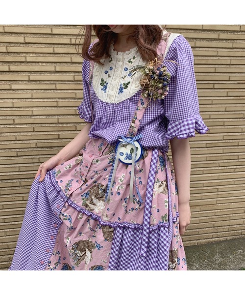 PINK HOUSE パッチワーク柄 ジャンパースカート PINK HOUSE（ピンクハウス）の「ブルーベリーファームプリントパッチ