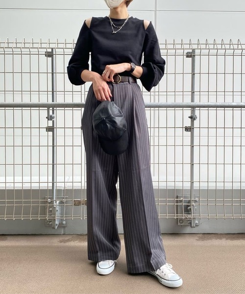 INED レディース　セットアップ パンツ　グレー　ストライプ　11号　日本製 COLONY 2139（コロニートゥーワンスリーナイン）の「セットアップ対応