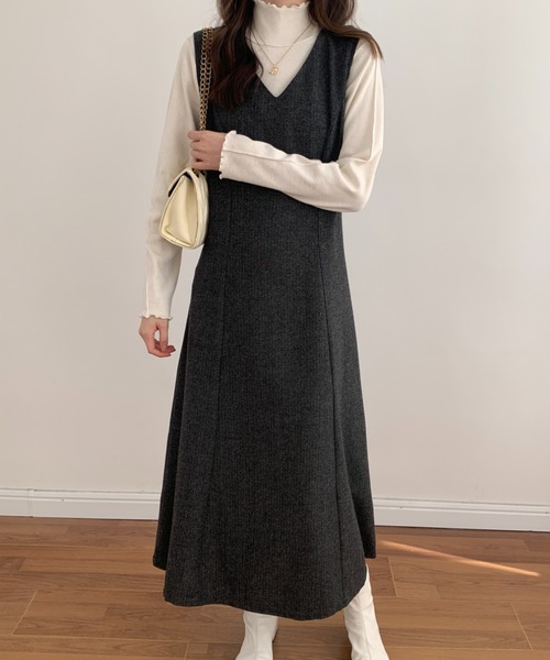 ABITOKYO（アビトーキョー）の「VネックAラインロングジャンパースカート（ジャンパースカート・レディース・ブラウン/グレー/ブラック・S/M）」の12枚目の写真
