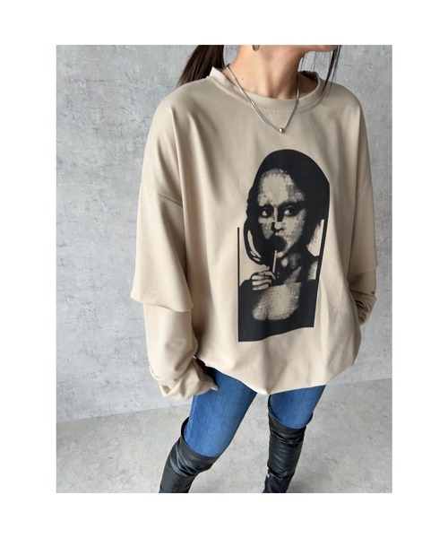 owndaily(オンデイリー)の「レイヤード風プリントビッグTシャツ(Tシャツ/カットソー・レディース・ベージュ・FREE)」の3枚目の写真