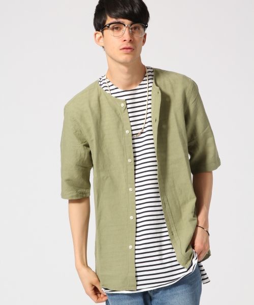 RAGEBLUE（レイジブルー）の「ノーカラーシャツカーデ5分袖/564686（シャツ/ブラウス・メンズ・ブラック/ホワイト/グリーン・LARGE/MEDIUM）」の3枚目の写真