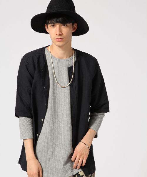 RAGEBLUE（レイジブルー）の「ノーカラーシャツカーデ5分袖/564686（シャツ/ブラウス・メンズ・ブラック/ホワイト/グリーン・LARGE/MEDIUM）」の2枚目の写真