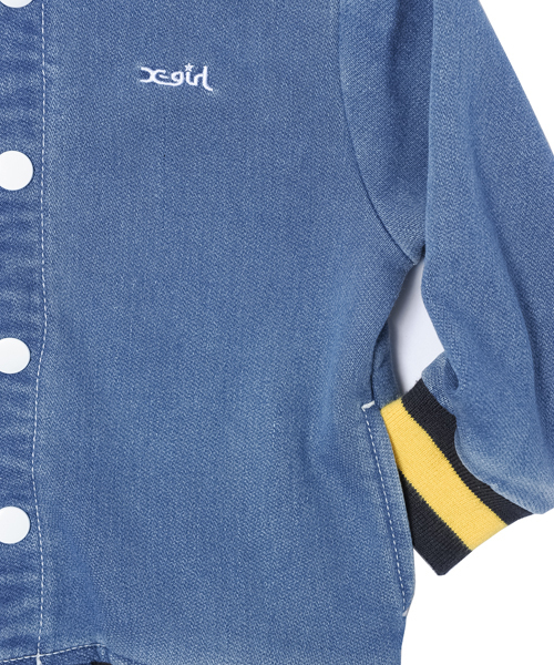 X-girl Stages（エックスガールステージス）の「SWEAT STADIUM DENIM JUMPER COLLEGE(12M～3T)（スタジャン・キッズ・ダークインディゴブルー/ライトインディゴブルー・12M/2T/3T）」の5枚目の写真