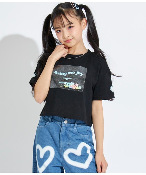 ANAP GiRL(アナップガール)の「PVCワッペンハート袖アキトップスTシャツ(Tシャツ/カットソー・キッズ・ラベンダー/ホワイト/ブラック・M/XS/S)」の2枚目の写真