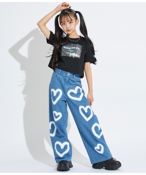ANAP GiRL(アナップガール)の「PVCワッペンハート袖アキトップスTシャツ(Tシャツ/カットソー・キッズ・ラベンダー/ホワイト/ブラック・M/XS/S)」の4枚目の写真
