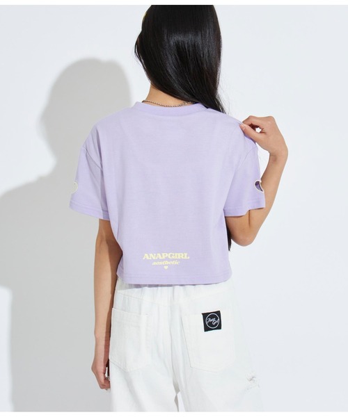 ANAP GiRL(アナップガール)の「PVCワッペンハート袖アキトップスTシャツ(Tシャツ/カットソー・キッズ・ラベンダー/ホワイト/ブラック・M/XS/S)」の7枚目の写真