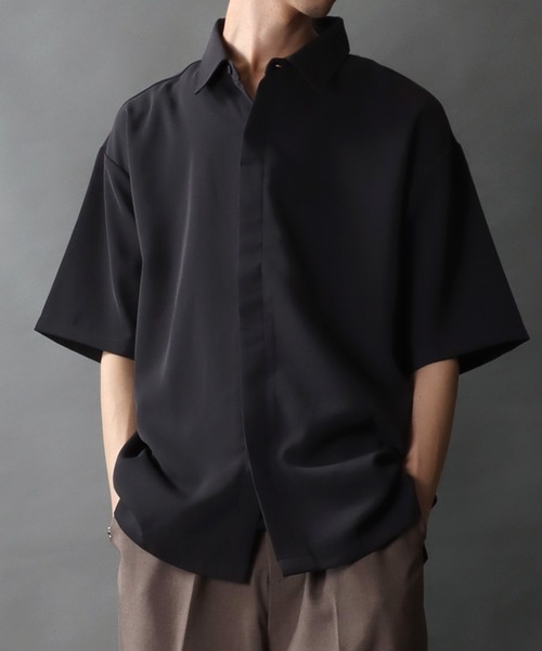 セール】Polyester twill Fly front shirt/別注 ドレープ 比翼