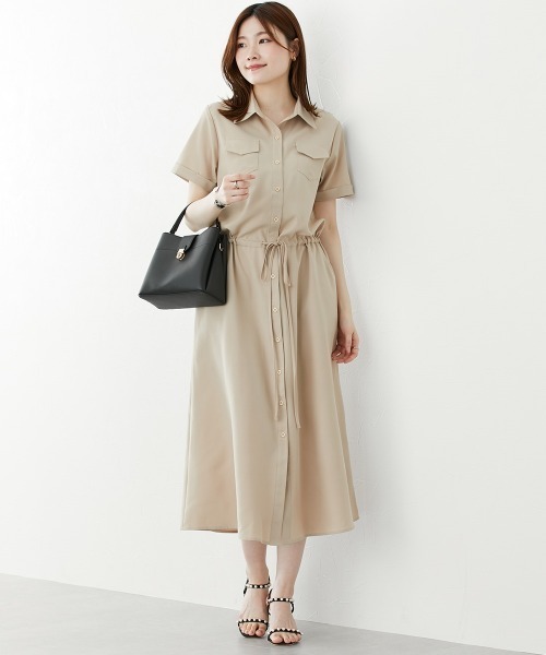 nissen（ニッセン）の「華奢見え　半袖マキシ丈シャツワンピース（ワンピース・レディース・カーキ/ベージュ/ネイビー・L/M/LL/S）」の2枚目の写真