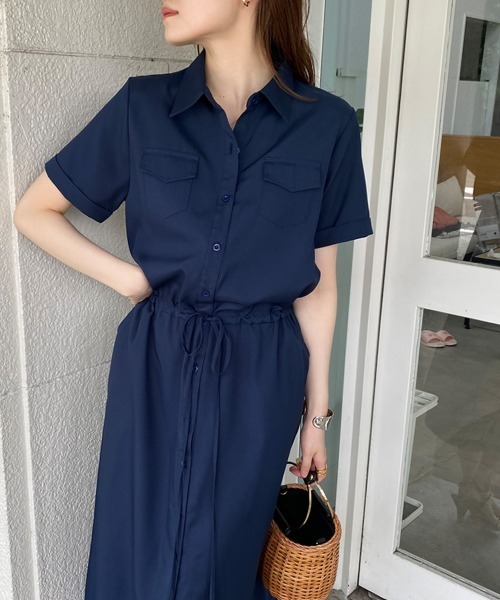 nissen（ニッセン）の「華奢見え　半袖マキシ丈シャツワンピース（ワンピース・レディース・カーキ/ベージュ/ネイビー・L/M/LL/S）」の3枚目の写真