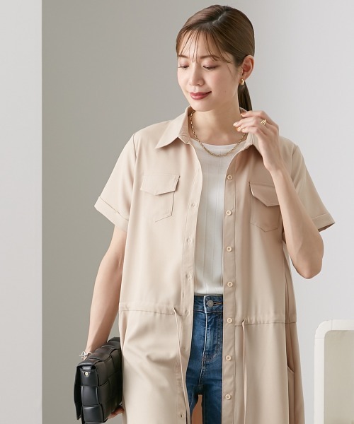 nissen（ニッセン）の「華奢見え　半袖マキシ丈シャツワンピース（ワンピース・レディース・カーキ/ベージュ/ネイビー・L/M/LL/S）」の4枚目の写真