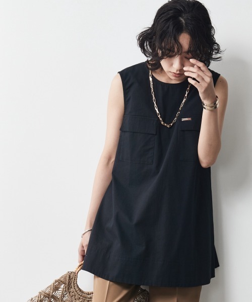 CHIC STYLE(シックスタイル)の「<大きいサイズ>綿100%アウトポケットノースリーブチュニックブラウス シックスタイル(シャツ/ブラウス・レディース・アイボリー/ブラック・L/LL/3L/4L/5L)」の1枚目の写真