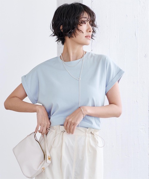 UR'S(ユアーズ)の「汗染み防止ダブルカフスTシャツ(Tシャツ/カットソー・レディース・ホワイト/ブラック/ロイヤルブルー/チャコール/ブルーグレー/ネイビー/ライトピンク/ブラウン・S/M/L)」の3枚目の写真