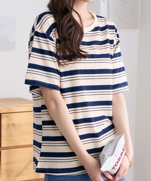 Ada.(エイダ)の「ルーズベアーボーダーTシャツ(Tシャツ/カットソー・レディース・ベージュ/ブラック・FREE)」の4枚目の写真