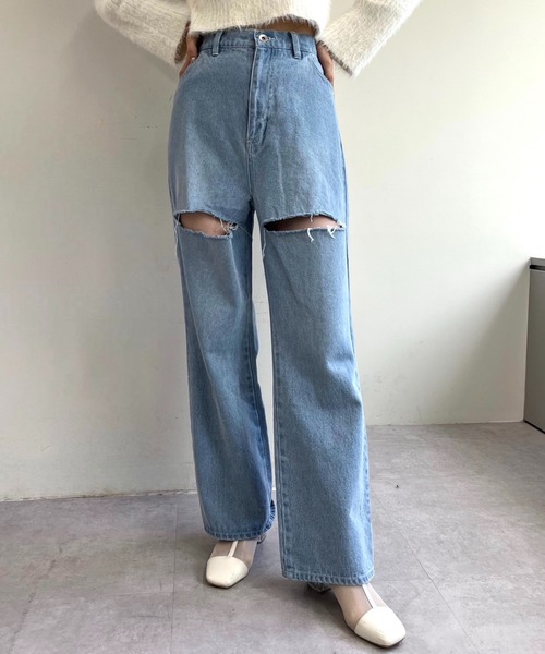 one after another NICE CLAUP（ワンアフターアナザーナイスクラップ）の「【S,Mサイズ】カッティングワイドデニムパンツ（デニムパンツ・レディース・ピンク/グレー/サックスブルー・SMALL/MEDIUM）」の2枚目の写真