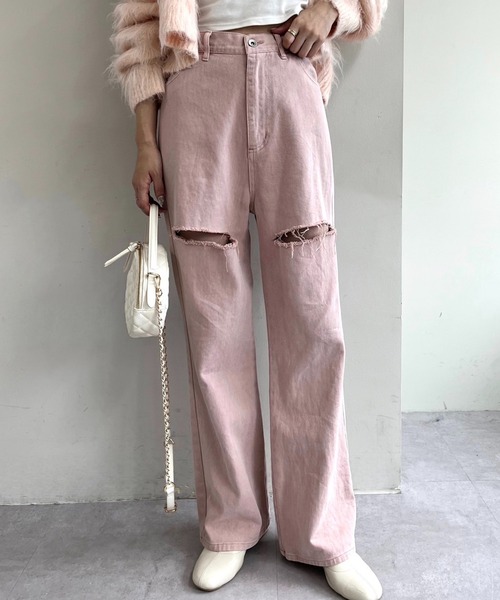 one after another NICE CLAUP（ワンアフターアナザーナイスクラップ）の「【S,Mサイズ】カッティングワイドデニムパンツ（デニムパンツ・レディース・ピンク/グレー/サックスブルー・SMALL/MEDIUM）」の3枚目の写真