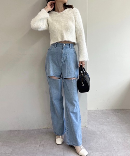 one after another NICE CLAUP（ワンアフターアナザーナイスクラップ）の「【S,Mサイズ】カッティングワイドデニムパンツ（デニムパンツ・レディース・ピンク/グレー/サックスブルー・SMALL/MEDIUM）」の12枚目の写真