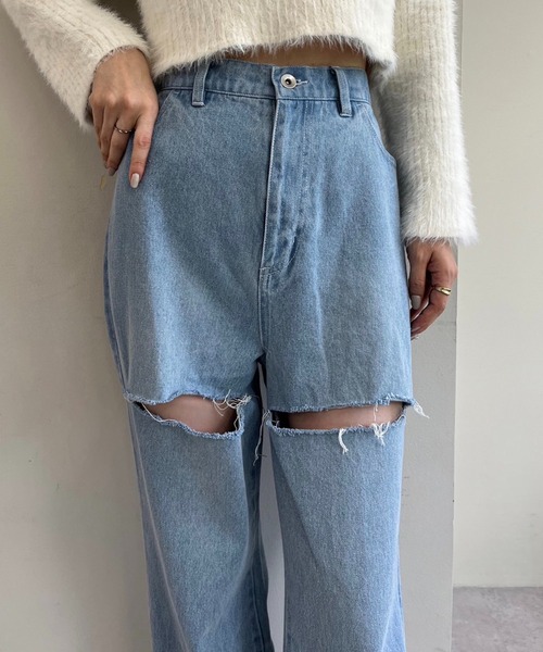 one after another NICE CLAUP（ワンアフターアナザーナイスクラップ）の「【S,Mサイズ】カッティングワイドデニムパンツ（デニムパンツ・レディース・ピンク/グレー/サックスブルー・SMALL/MEDIUM）」の5枚目の写真