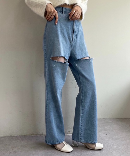 one after another NICE CLAUP（ワンアフターアナザーナイスクラップ）の「【S,Mサイズ】カッティングワイドデニムパンツ（デニムパンツ・レディース・ピンク/グレー/サックスブルー・SMALL/MEDIUM）」の6枚目の写真