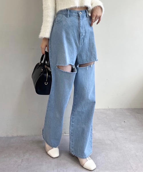 one after another NICE CLAUP（ワンアフターアナザーナイスクラップ）の「【S,Mサイズ】カッティングワイドデニムパンツ（デニムパンツ・レディース・ピンク/グレー/サックスブルー・SMALL/MEDIUM）」の7枚目の写真